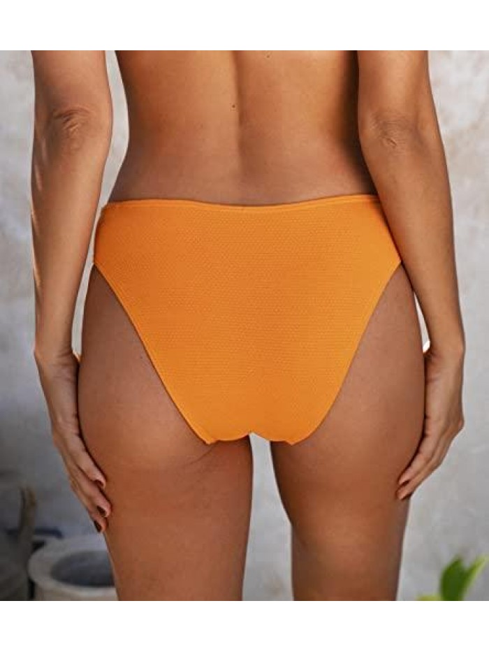 Women's Bikini Bottom Textured Low Waisted Middle Cut Solid Orange 