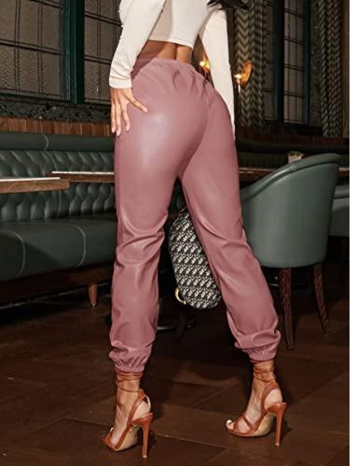 Women's High Waisted Drawstring Cropped Tapered Pu Leather Pants 