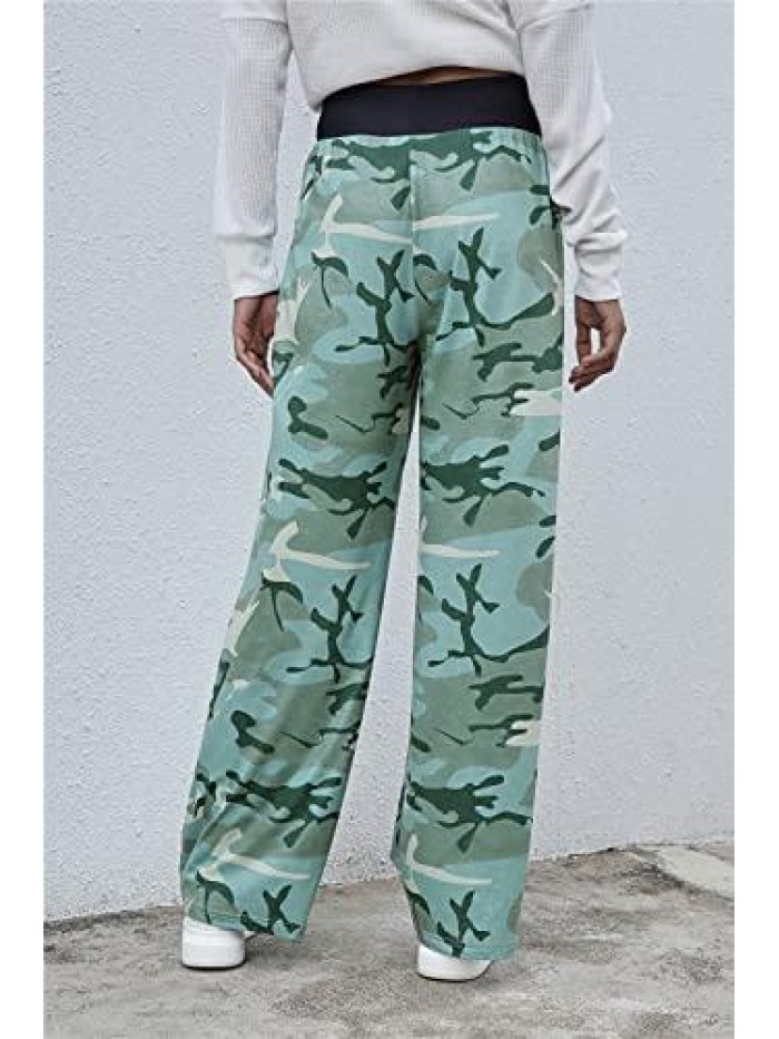 Comfy Casual Elk Print High Waist Drawstring Pajama Pants Casual Loose Wide Leg Pants Sweatpants Trousers 
