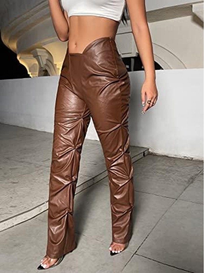 HUX Women's PU Leather Ruched Straight Leg Pants Trousers 