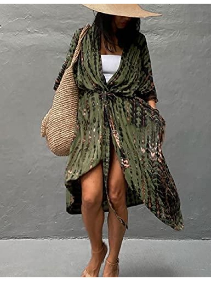 Stylish Tie Dye Open Front Long Kimono Swimsuit Cover up for Women 