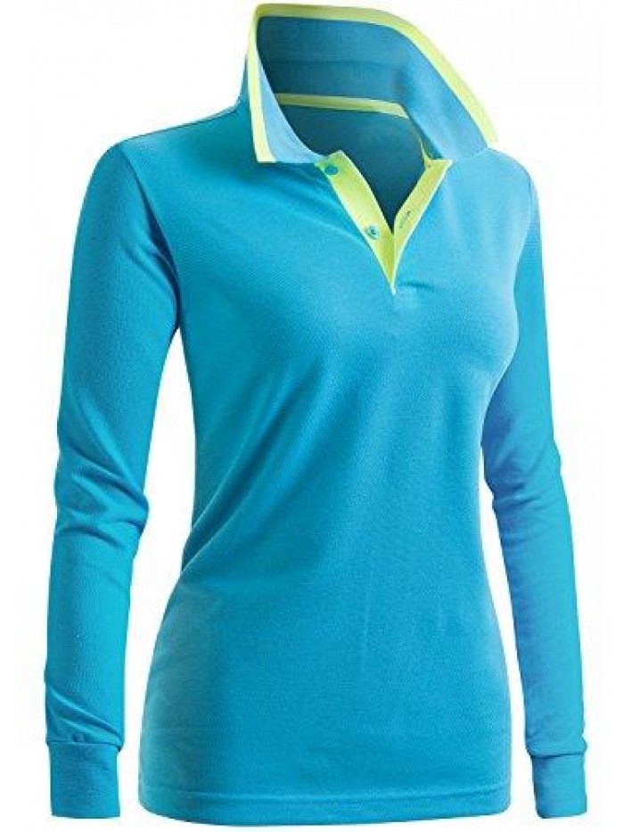 KWTTL0201 Women's Casual Polo 2-Button Long Sleeve Shirt 
