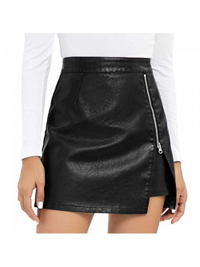 Faux Leather Mini Skirt High Waisted Bodycon A Line Pencil Short Skirt with Zipper for Women 