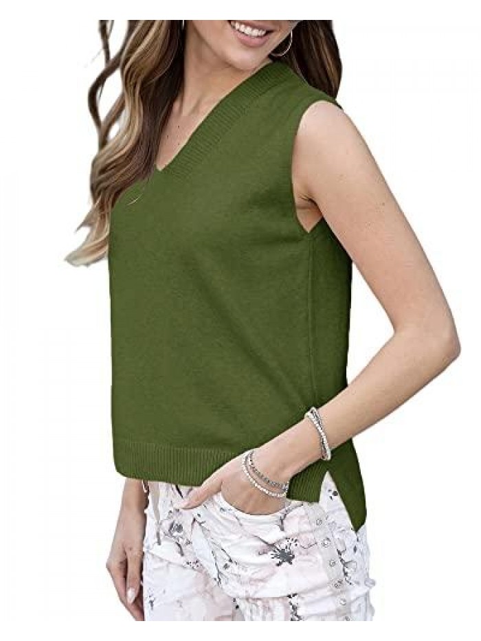 Womens V Neck Sleeveless Sweater Vest High Low Loose Fit Summer Knitted Tank Tops 
