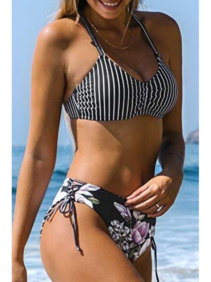 Women Back Braided Straps Bikini Sets Reversible Bottom Strappy Lace Up 2 Piece Swimsuits 