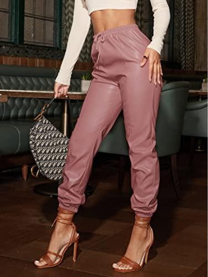 Women's High Waisted Drawstring Cropped Tapered Pu Leather Pants 