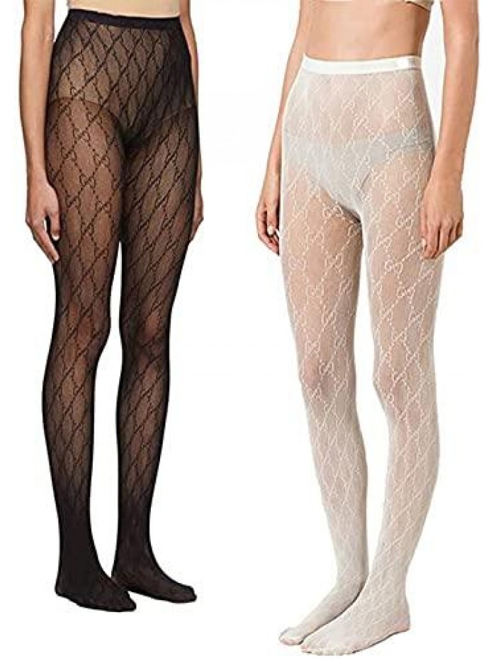 2 Pieces Women's Sexy Letter Fishnet Stockings, Leggings, Pantyhose with Letters Tights High-Waist Jumpsuit, Lace Tights, Sports Pants Nylon (Black+White)