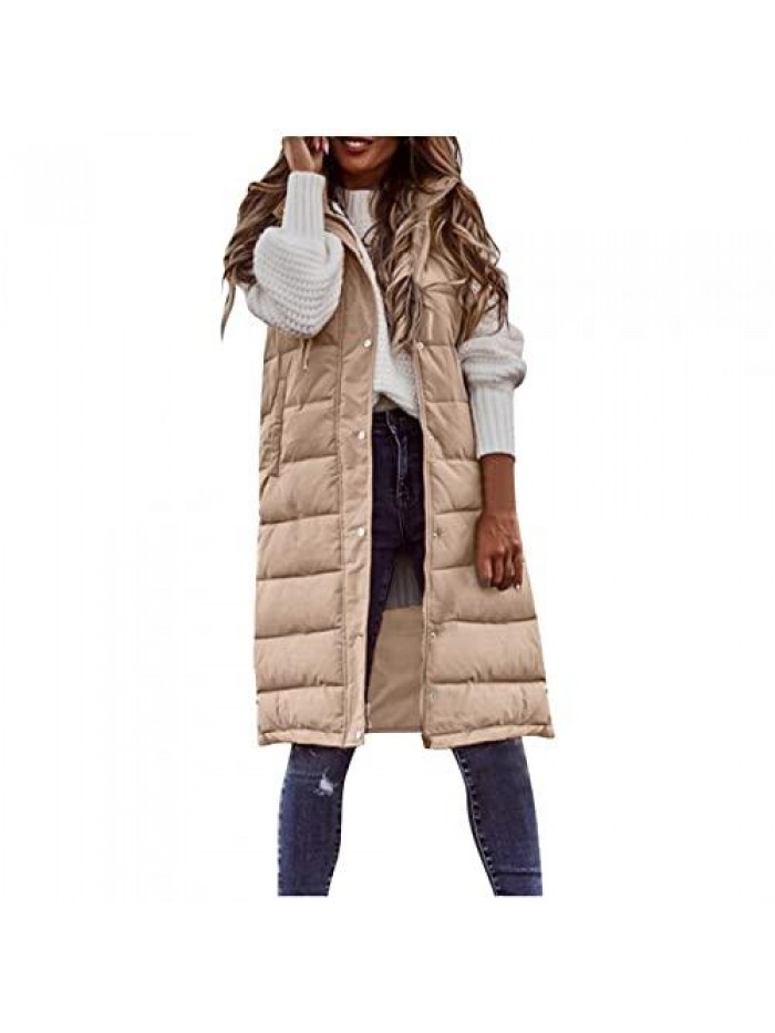 Women's Long Down Vest Plus Size Sleeveless Hooded Jacket Winter Slim Zipper Coat Outdoor Puffer Quilted Vest 