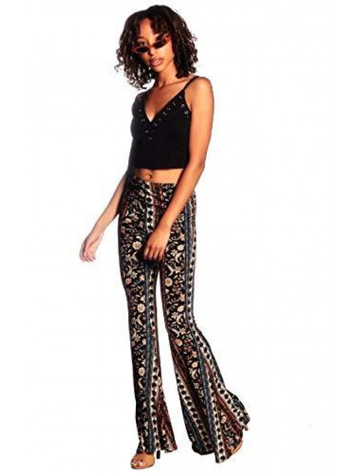 Boho Flare Pants, Elastic Waist, Wide Leg Pants for Women, Solid & Printed, Stretchy and Soft 