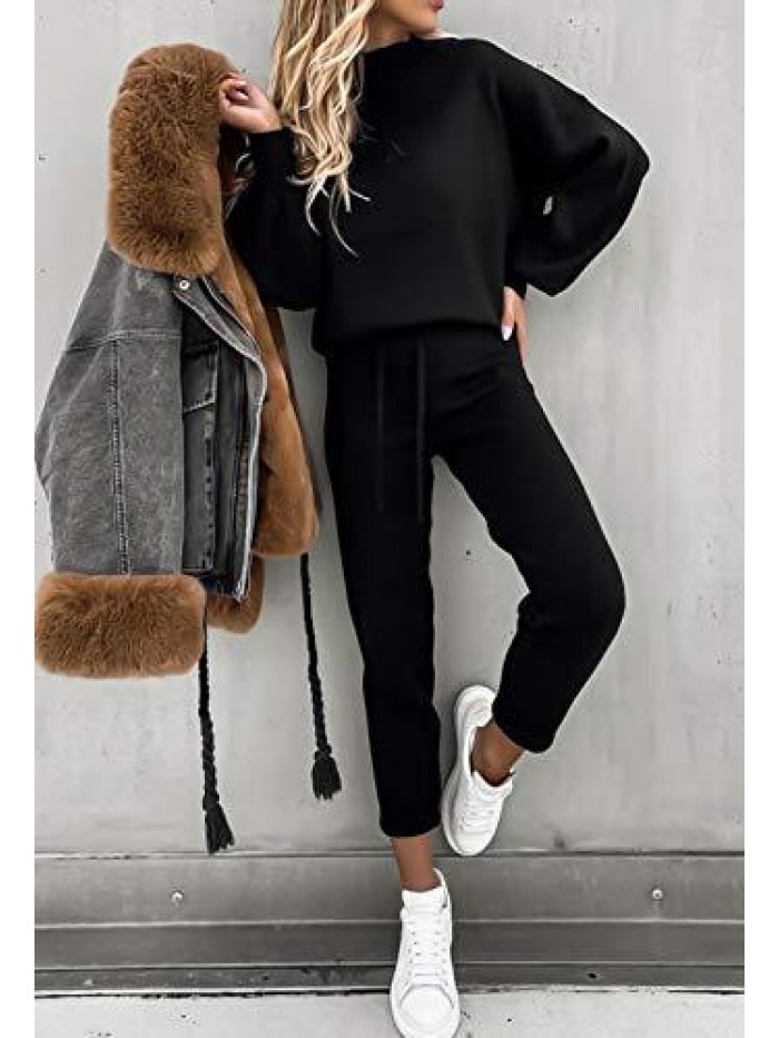 Women's 2 Piece Sweatsuit Outfits Lantern Sleeve Pullover Tops and High Waist Jogger Pants Lounge Sets 