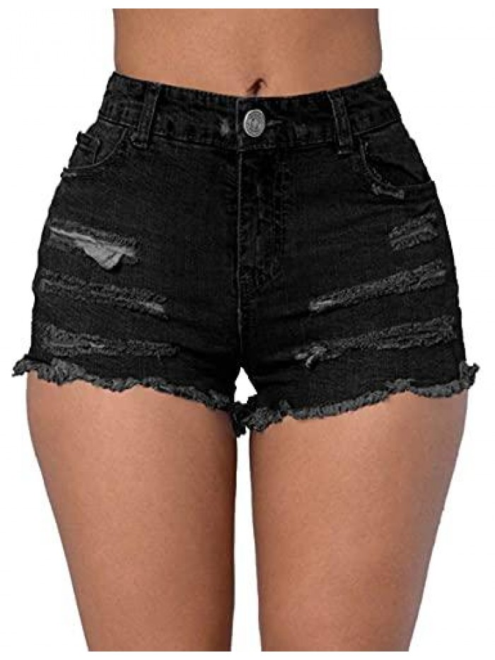 Women's Casual Denim Shorts Ripped Frayed Stretch with Pockets High Waisted Jean Shorts 