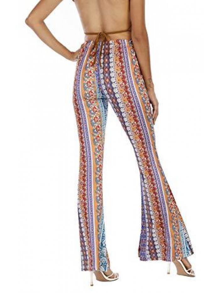 Women's Print Stretch Bell Bottom Flare Palazzo Pants Trousers 