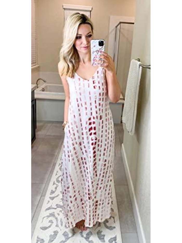 OURS Women's Summer Casual Floral Printed Bohemian Spaghetti Strap Floral Long Maxi Dress with Pockets
