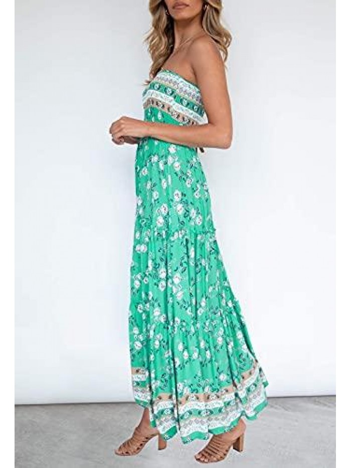 ZESICA Women's Summer Bohemian Floral Printed Strapless Beach Party Long Maxi Dress