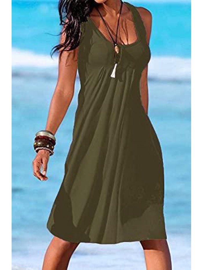 Women Casual Loose Tank Dresses Sleeveless Beach Vacation Dress Swing Pleated U Neck Fashion Soft 