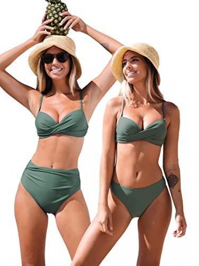 Women Ruched Bikini Twist Front Thin Straps Top Mid Rise Ruched Bottom and Low Waisted Bottom 3 Piece Swimsuit 