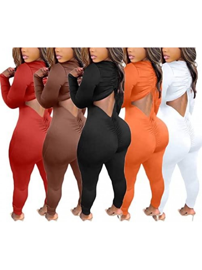 Bodycon Jumpsuits for Women Long Sleeve Solid Drawstring Cutout Ruched Detail Bodycon Long Jumpsuit Rompers S-2XL 