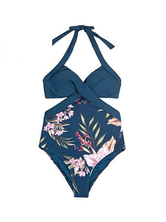 Women's One Piece Swimsuit Floral Print Wrap Halter Cutout Push Up Bathing Suit 