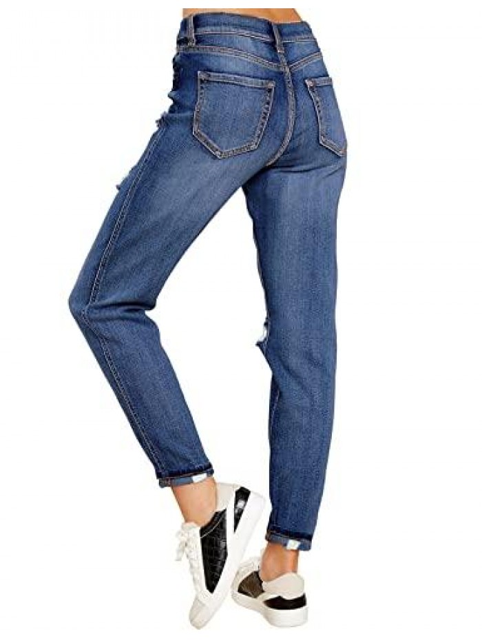 Women's Casual High Waisted Mom Jeans Ripped Stretchy Tapered Denim Pants 