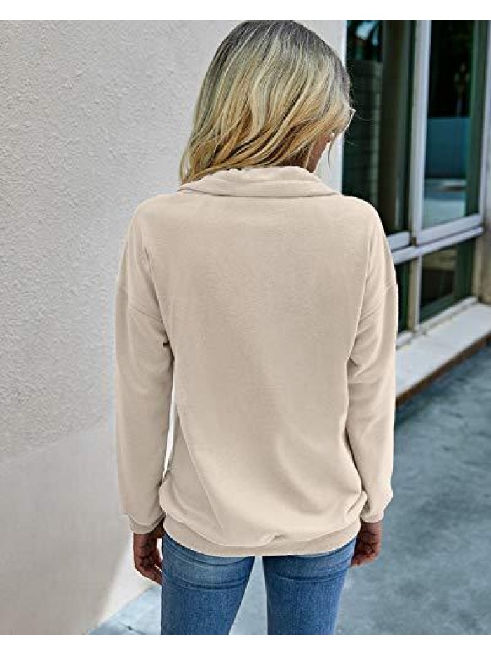 Women’s Casual Long Sleeve Lapel Zipper Sweatshirt Drawstring Loose Pullover Tops 