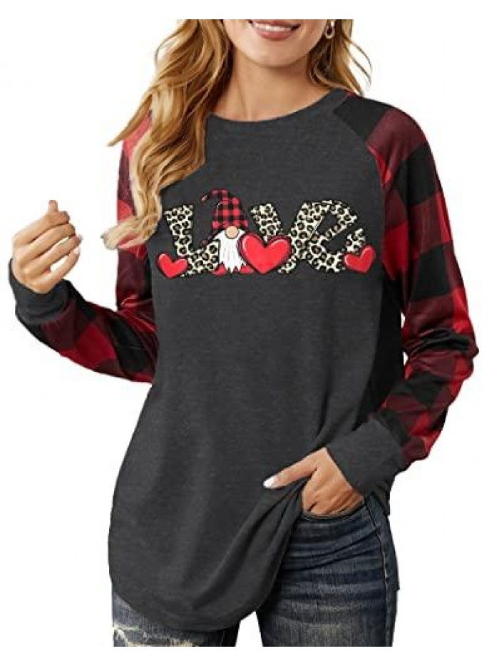 Day Shirts for Women Buffalo Plaid Gnomes T-Shirt Love Heart Print Graphic Tees Tops 