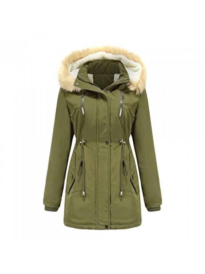 Quilted Winter Coat Warm Puffer Jacket Thicken Parka Fleece Lined Long Outwear with Removable Fur Hood 