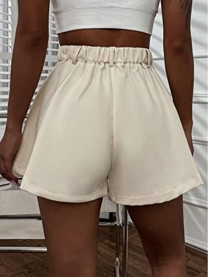 Women's Solid High Waisted Wide Leg Casual Pleated Shorts with Pocket 