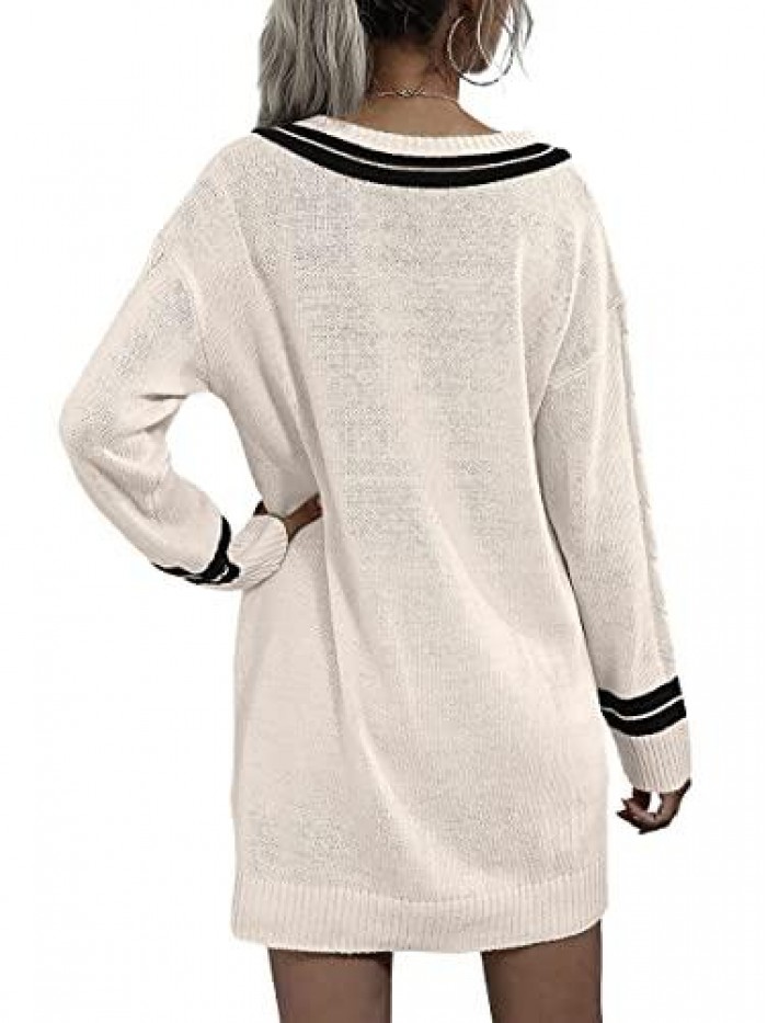 Sweater Dress for Women Color Block Stripe Cable Knit Sweater Long Sleeve V Neck Casual Loose Midi Dress 