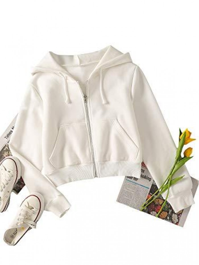 Women's Casual Long Sleeve Zip Up Cropped Hoodie Jacket with Pockets 