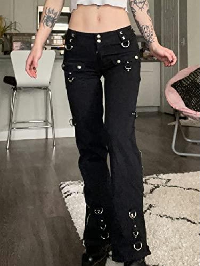 Women Gothic Cargo Pants Wide Straight Leg Low Waist Loose Goth Punk Trousers Harajuku Streetwear 