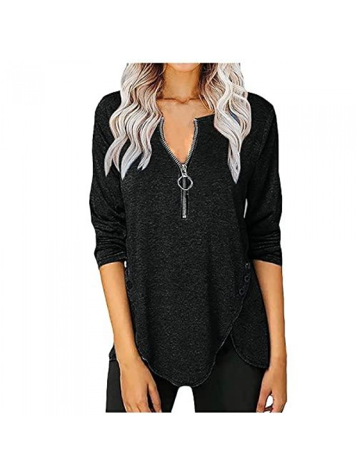 3/4 Sleeve Tops for Women,Spring Trendy Solid Color Zipper Tops Shirts Stylish Long Sleeve V-Neck Tunic Blouse Tees 
