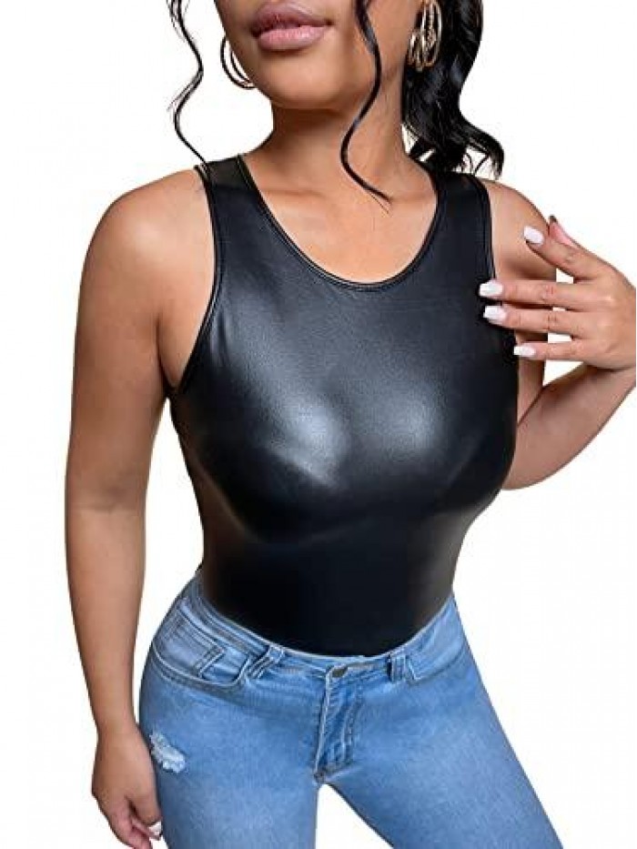 Women's Casual Faux Leather Tank Top Slim Fit PU Leather Vest 