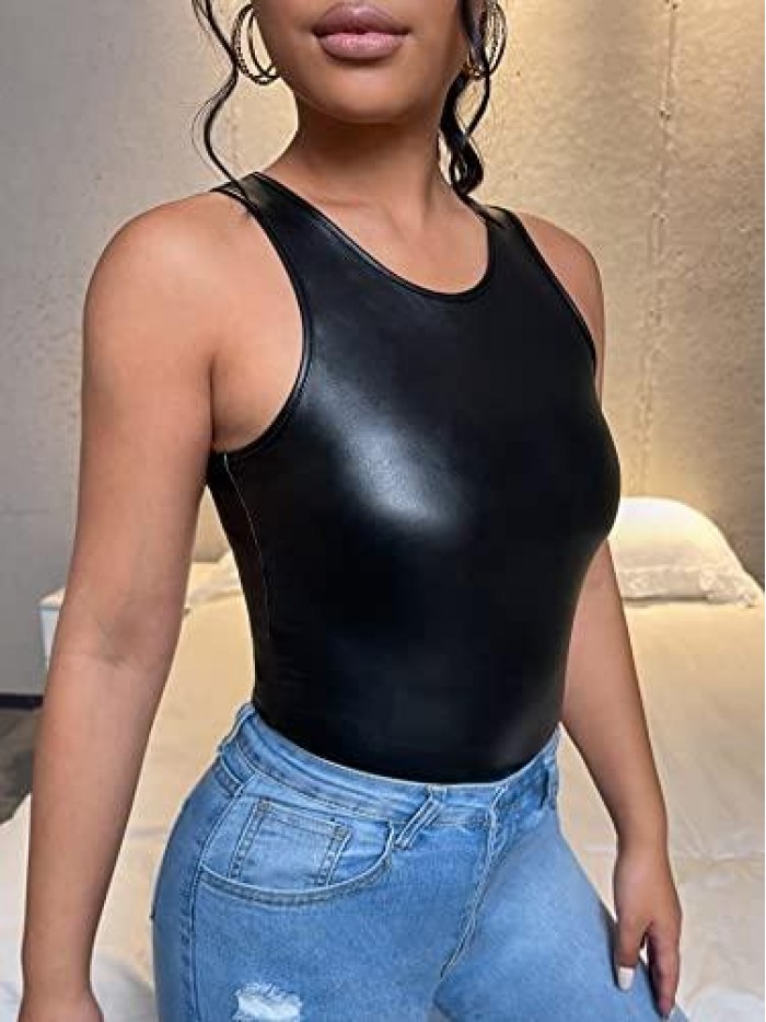 Women's Casual Faux Leather Tank Top Slim Fit PU Leather Vest 