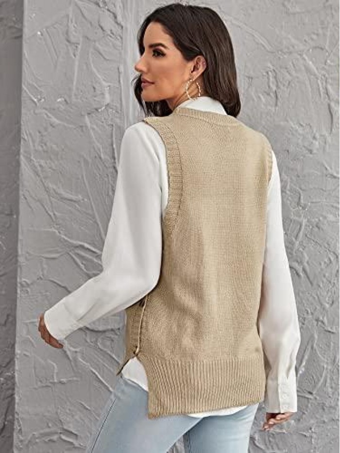 Women's Buttoned Side Slit Hem Round Neck Sleeveless Pullover Sweater Vest 
