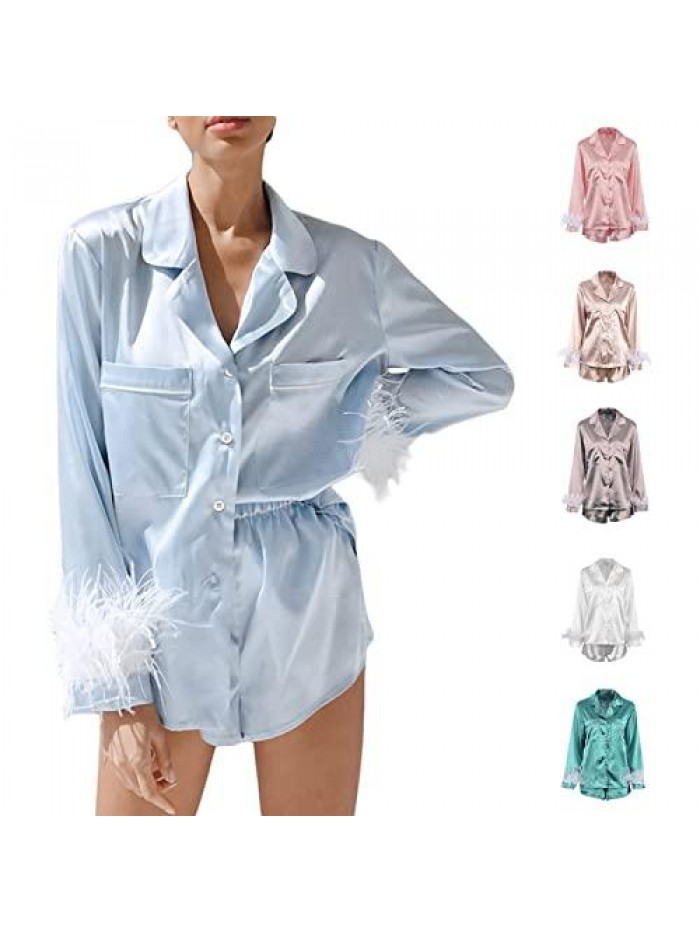 Pajamas Set Silk Satin Sleepwear Long Sleeve Feather Shirt Shorts Nightwear Loose Sleep Home Wear Clothes 