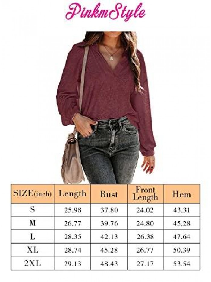Women’s Long Sleeve Split V Neck Ribbed Collared Tops Casual Loose Polo T Shirts Blouse 