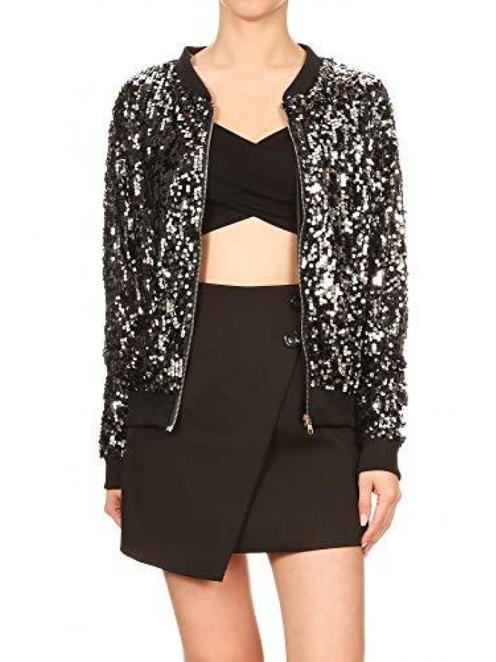 Womens Sequin Long Sleeve Front Zip Jacket with Ribbed Cuffs 