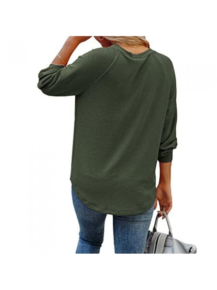Womens Long Sleeve Tops Casual Loose Crew Neck Sweatshirt Cotton Tunic Shirts Curved Hem Blouses Pullover 