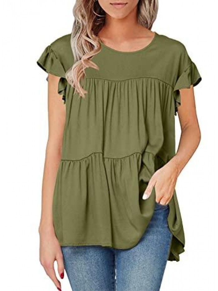 Women's Summer Ruffle Short Sleeve Tops Casual Babydoll Loose Shirts Blouse Crew Neck Solid Tunic Tops 