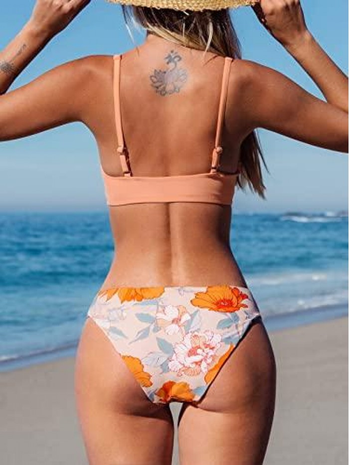 Women Floral Printed Low Waisted Bikini Set Twist-Front Reversible Bottom Two Piece Bathing Suit 