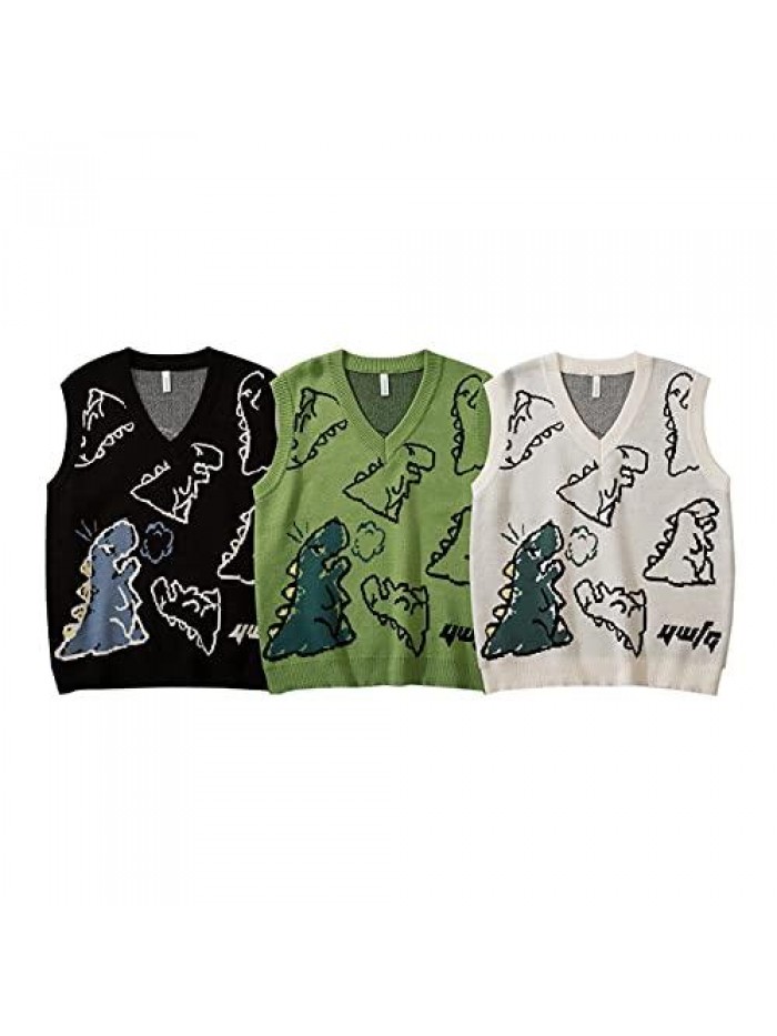 Women Cute Kawaii Long Sleeve Sweater Cartoon Dinosaur Print Crew Neck Knit Pullover Y2K E-Girl Loose Casual Jumpers