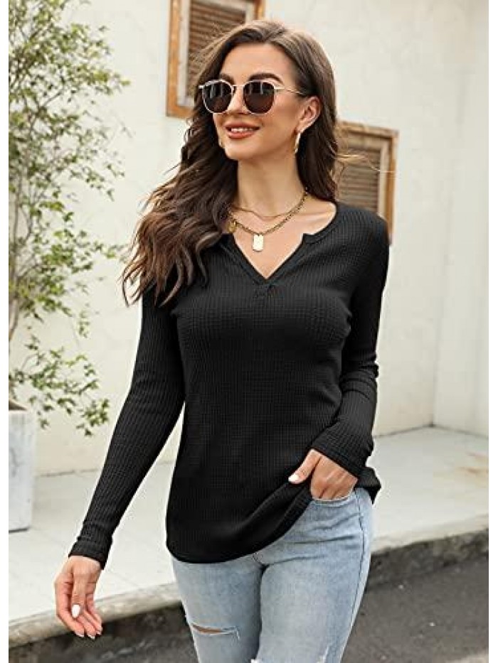 V Neck Waffle Knit Henley Tops Casual Long Sleeve Pullover Sweater Blouses 