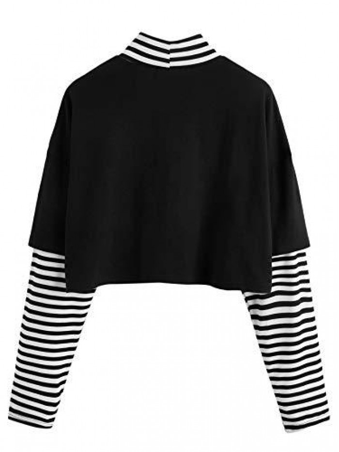 Women's Color Block Butterfly Print Striped Long Sleeve Crop Top T Shirt 