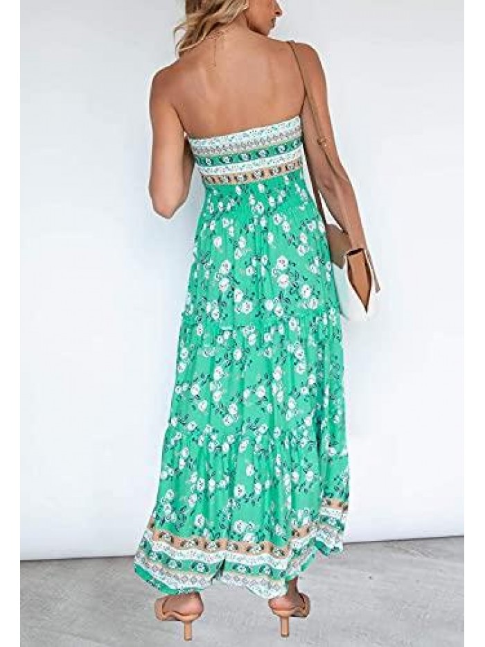 Women's Summer Bohemian Floral Printed Strapless Beach Party Long Maxi Dress 
