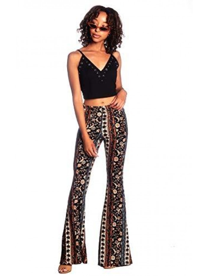 Boho Flare Pants, Elastic Waist, Wide Leg Pants for Women, Solid & Printed, Stretchy and Soft 