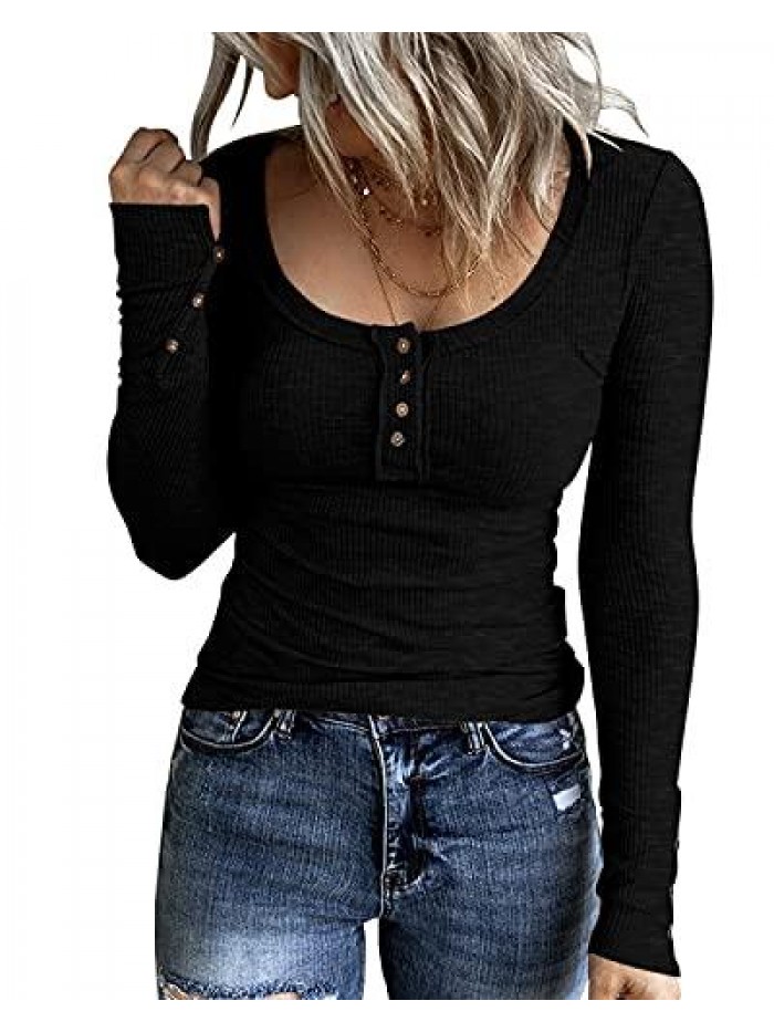 Women’s Long Sleeve Henley T Shirts Button Down Slim Fit Tops Scoop Neck Ribbed Knit Shirts 