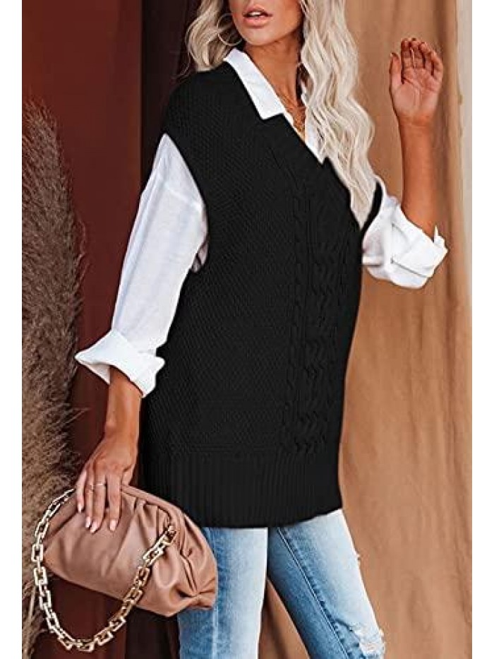Women's Sweater Vest V Neck Cable Knit Sweaters Loose Pullover Top 
