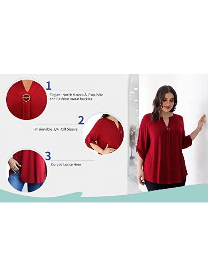 Women's Plus Size Tops 3/4 Sleeve Shirts Casual Blouses Tunic Tops M-4X 