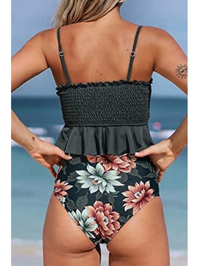 Women's High Waist Bikini Swimsuit Ruffle Two Piece Bathing Suit 