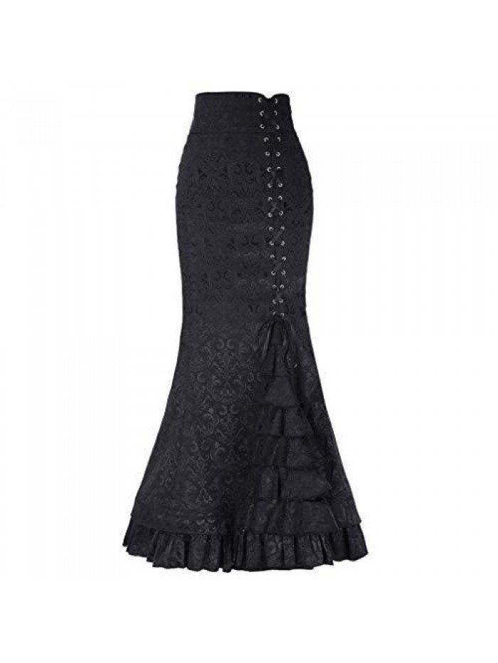 Gothic Ruffled Steampunk Vintage Fishtail Mermaid Skirt Victorian High Waist Retro Maxi Skirt 